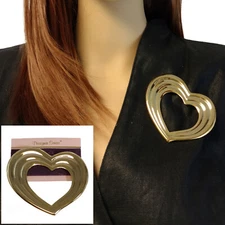 Large Retro Oversized Gold Tone Ribbed Open Heart Brooch Pin 3" Vintage