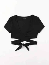 SHEIN Teen Womens BLACK Wrap Around Casual Ribbed Crop Top Sz Medium M