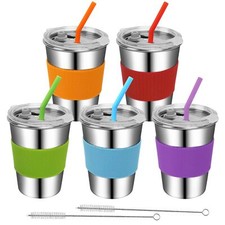 Toddler Cups with Straws 18/8 Stainless Steel 12oz 5 Pack Kids Sippy Set