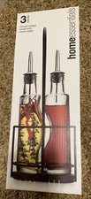Home Essentials Oil And Vinegar Cruets With Metal Caddy 9 Oz Bottles New
