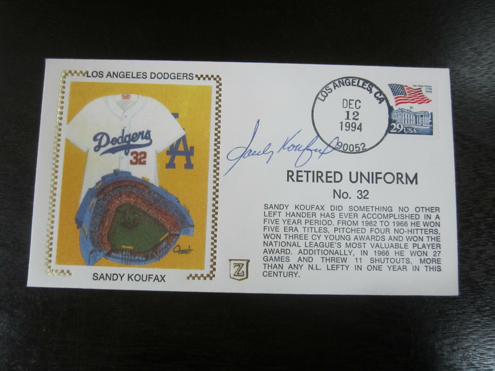 Sandy Koufax Autographed Signed Los Angeles Dodgers Retired # Cachet Envelope JSA 