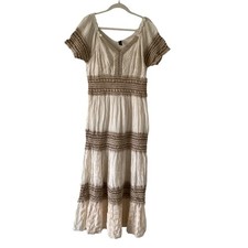 ME 2 Magic Maxi Dress Cream Embroidered Eyelet Smocked Waist Boho Festival