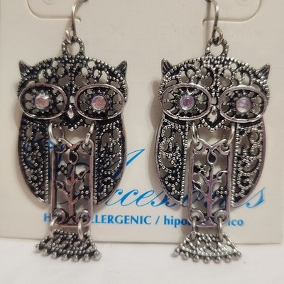 Owl Filigree Silvertone Pierced Earrings Boho 1.5'' Dangle Crystal-like Eyes