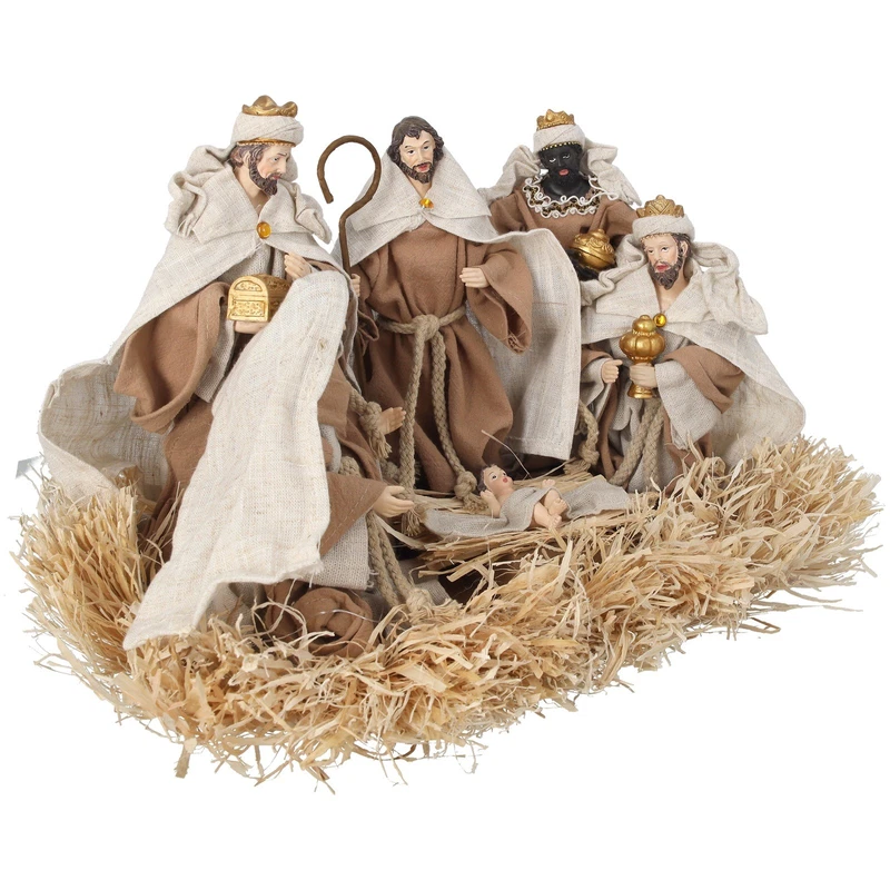 Natività Decorativa Natalizia con Luci LED Statuine Presepe Resina Stile