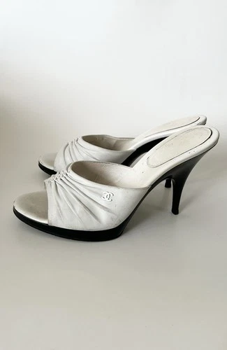 Chanel CC Logo White Leather Heels Platform Mules Size 37.5