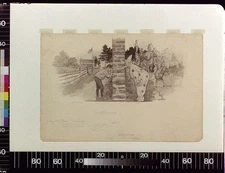 Boy peering through wall chink at clown with circus, Elizabeth Shippen Green,