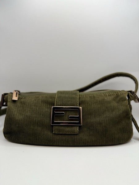 Fendi Green Corduroy Baguette Shoulder Bag Zip Top Adjustable Strap Gold