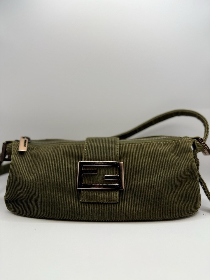 Fendi Green Corduroy Baguette Shoulder Bag Zip Top Adjustable Strap Gold