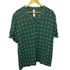 Boutique Women Texture Green Dot Top 2X Puff Shoulder Ruffle Trim Cottagecore