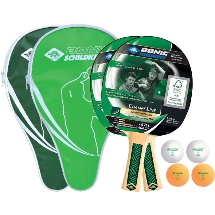 Set de tennis de table SCHILDKRÖT CHAMPS Line 400 FSC avec 2 raquettes et 3 balles