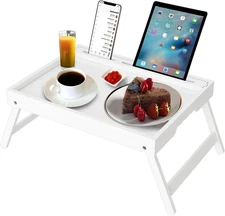 Bed Tray Table with Handles Folding Legs Bamboo Breakfast Food Tray with Media S