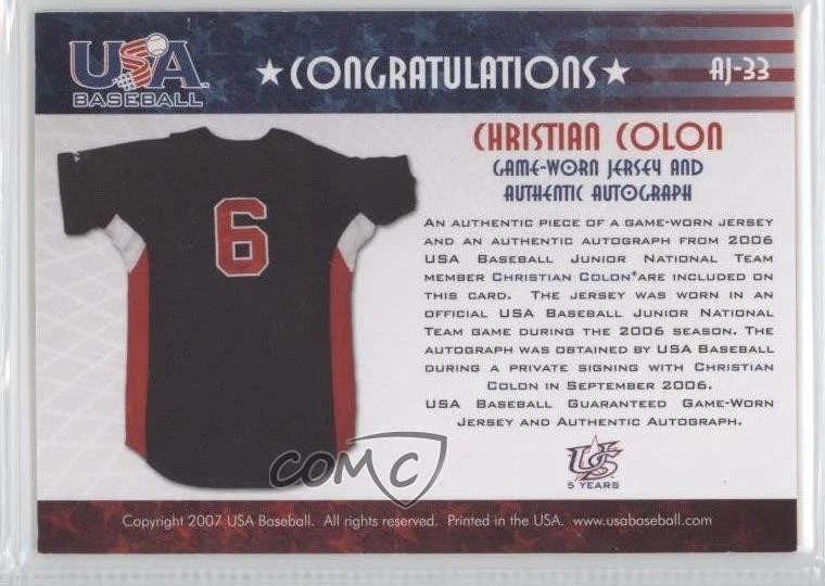 2007 USA Baseball National Jersey & Signature Black Ink Christian Colon Auto - Image 2 of 2