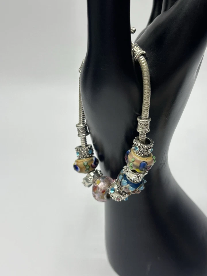 Glass Bead Charm Bracelet Silver Tone Multi-Colored Toggle Clasp Fashion Jewelry - Image 2 of 4