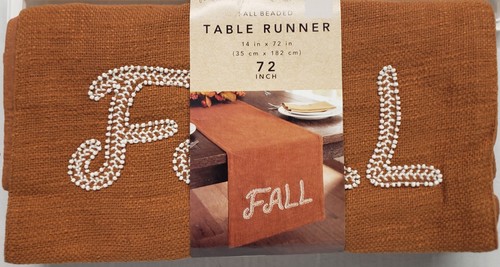 Long Fabric Beaded Table Runner (14" x 72") FALL WORD ON BROWN, LP - Picture 8 of 14