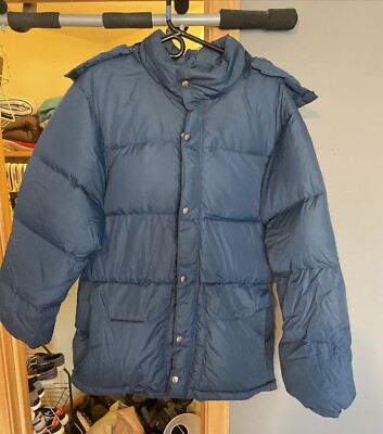 Vintage Holubar Blue Goose Down Jacket Snap On Hood Medium EUC