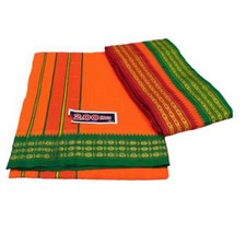 orange Cotton Blend Self Design Men Dhoti / Lungi with Angvastram Towel US
