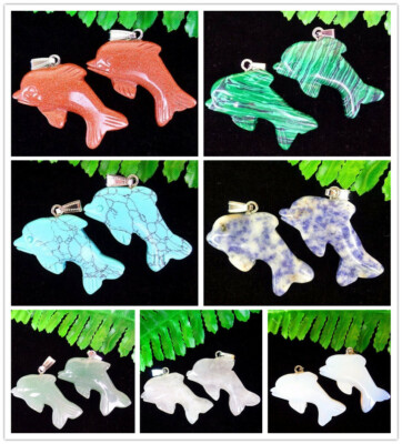 2Pcs Multiple Choice Mixed Gemstone Carved Dolphin Pendant Bead 45x23x6mm HH6550