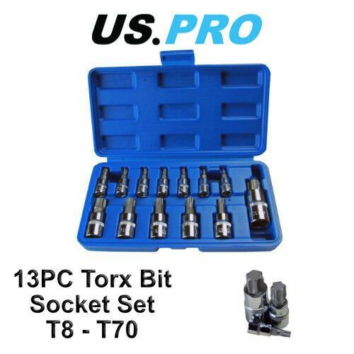 US PRO 13pc Torx Bit Socket Set T8 - T70  1/4"" 3/8"" 1/2"" Drive 2067