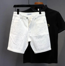 New Men Luxury Diamond Rhinestones Black White Jeans Shorts High Quality