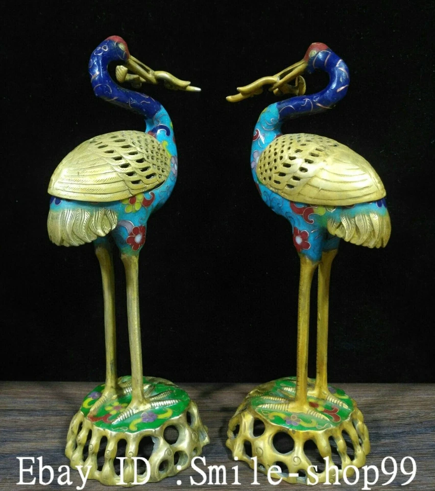 Par de incensarios quemadores de incienso Ruyi pájaro grulla dorada esmalte cloisonne chino de 10,6" Foto 3 de 4