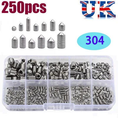 QNGENET 250Pcs A2 Cone Point Grub Screws M3 M4 M5 M6 M8 Hex Socket Set Screw Box Set