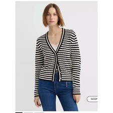 NWT 80 LOFT Petites Striped V-Neck Cardigan Sweater sz XSP white black