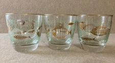 Libbey Marine Life Lowball Glasses Set Of 3 Vtg 50s Fish Ocean Sea Cocktail
