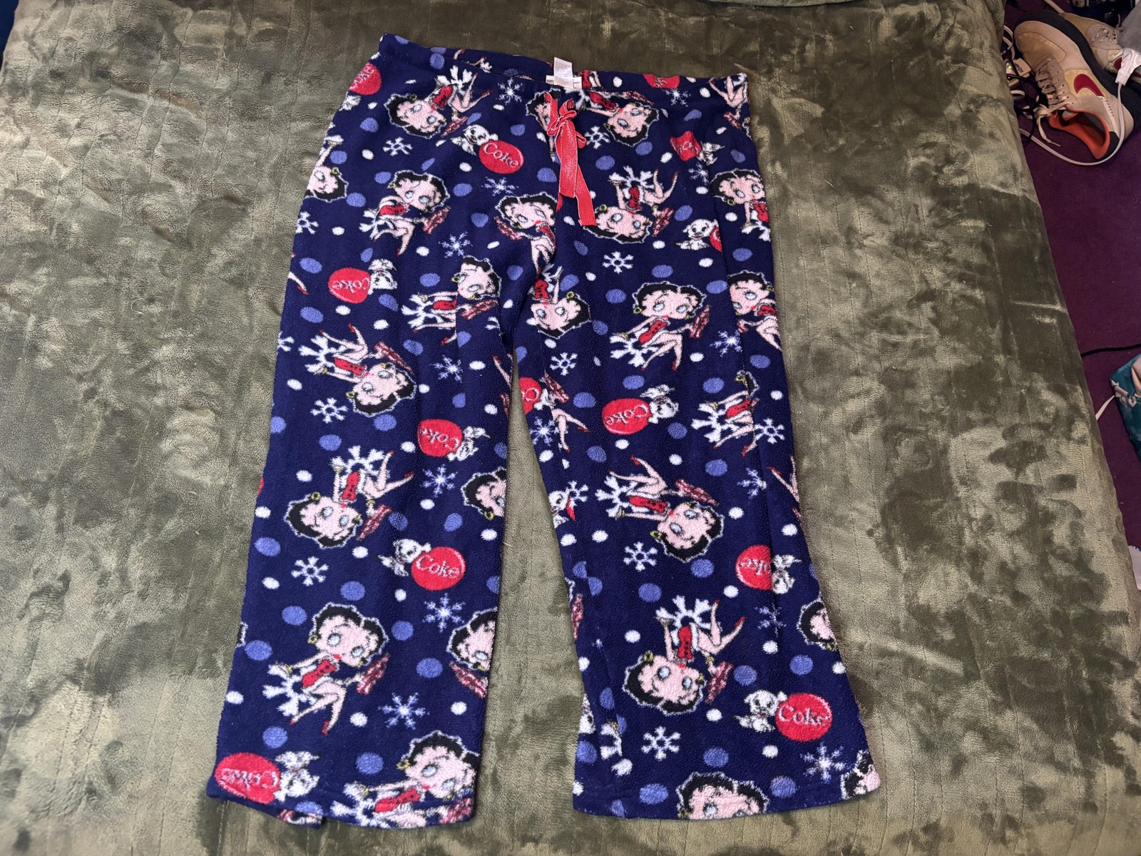 Betty Boop Pajama Pants Womens XL Blue Fleece Coca-Cola Christmas Lounge Sleep