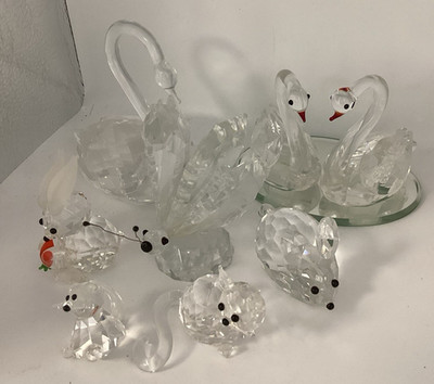Miniatur Glas Kristall Tierfiguren x7 Maus, Katze, Hase, Schmetterling, Schwäne