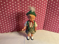 VTG. UNBRANDED CELLULOID GERMAN FOLK DOLL IN LEDERHOSEN FEATHER IN HAT, 7 IN.