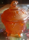VINTAGE JEANETTE DEPRESSION  GLASS AMBERINA HARVEST 4 FOOTED CANDY DISH WITH LID