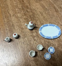 10 Piece Vintage Ceramic Handmade Tiny Tea Set Blue  White Miniature Pretend