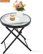 Folding Outdoor Side Table with Tempered Glass Top for Patio and Garden