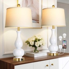 27" Double Gourd Ceramic Table Lamps Set of 2, Modern White Bedroom Lamp with...