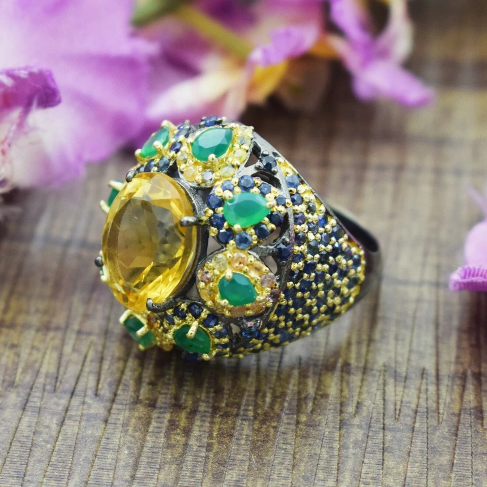 Anello in argento sterling 925 massiccio zaffiro onice pietra preziosa... - Immagine 3 di 4