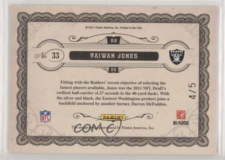 2011 Panini Gold Standard Leaf Rookies Signatures /5 Taiwan Jones #33 Auto RC - Image 2 of 2