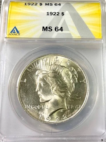 1922 USA PEACE SILVER DOLLAR ANACS graded MS64 wing die spike nice lustrous coin