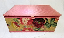 Vintage 50's Notion Sewing Box Pink Satin Quilted Top with Flowers