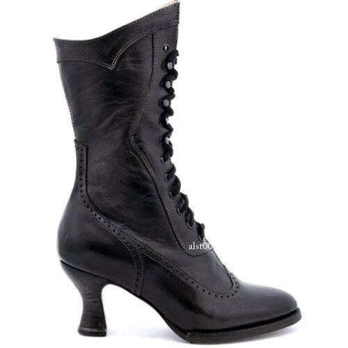 NEW Victorian Gothic Womens Mid-Calf Boots Steampunk Kitten Heel Lace Up Shoes - Picture 12 of 28