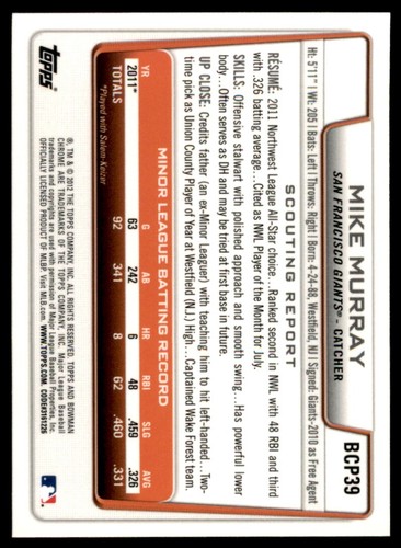 2012 Bowman Chrome Prospects Mike Murray San Francisco Giants #BCP39 - 第 2/2 張圖片