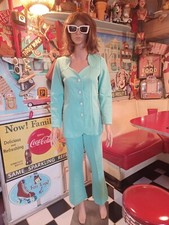 True Vtg Mid-century 1960s 1970s Polyester Pant Suit Green Dot MOD MCM M Blazer