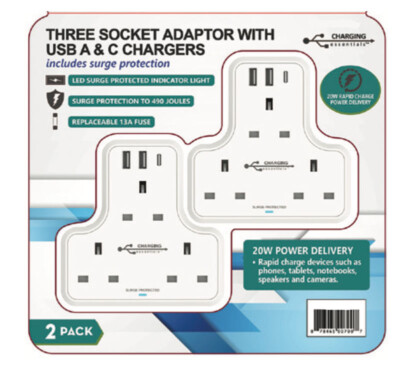 Charging Essentials 3 Wege Stecker Verlängerung Steckdose Netzteil Extender USB