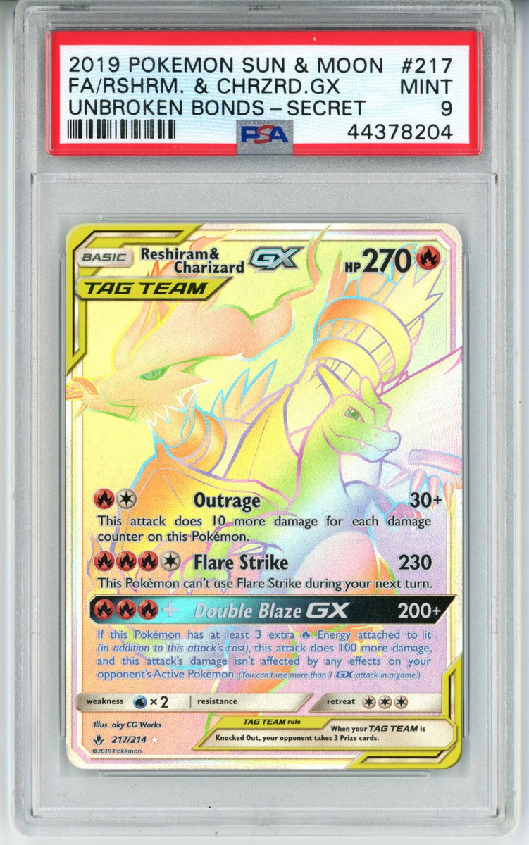 POKEMON UNBROKEN BONDS RESHIRAM & CHARIZARD GX #217 SECRET PSA 9