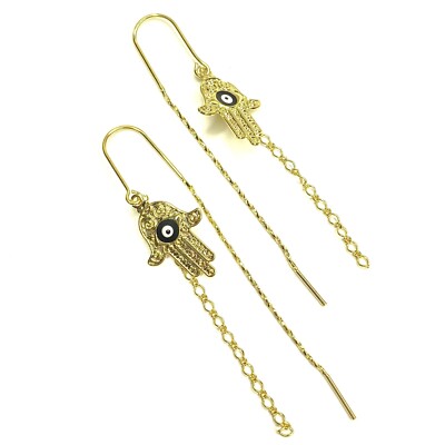 14K Gold Plated Hamsa Hand Threader Earrings Oro Laminado Mal De Ojo Aretes