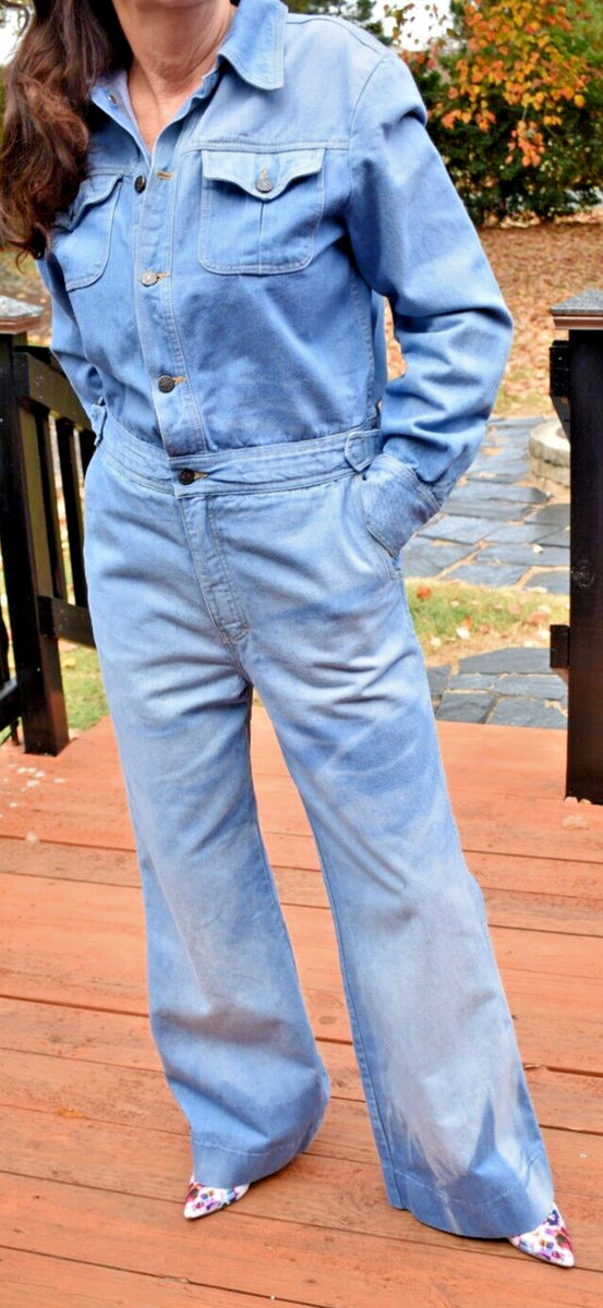 Vintage Brittania Denim Flared Leg 70s Long Sleeve Jumpsuit Romper Overall  Large