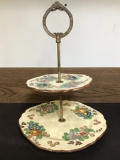 ANTIQUE Candy Dish 2 Tier Cake Plate Crackle Crazed Finish S.T. Japan 11.5”