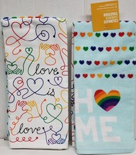 2 DIFFERENT TERRY KITCHEN TOWELS 16.5"x26" TOGETHER LOVE HOME RAINBOW, KO