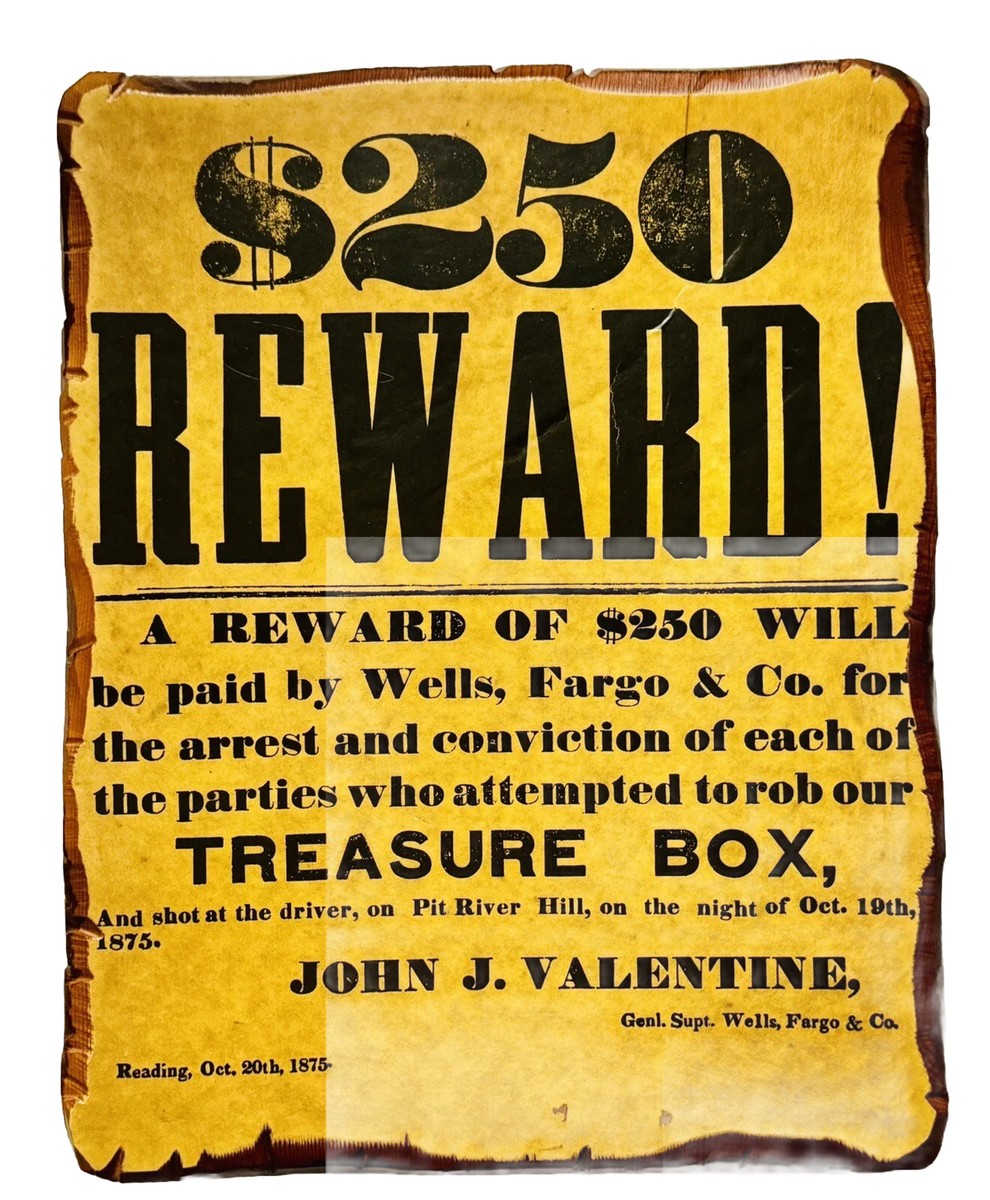 Vintage Wanted Reward Poster Wells Fargo Old West Outlaw On Wooden