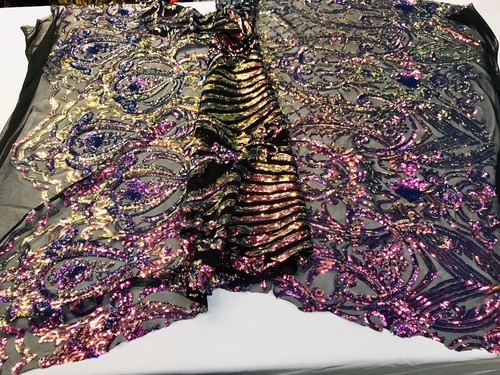 RAINBOW IRIDESCENT DAMASK SEQUINS DESIGN ON A 4 WAY STRETCH BLACK MESH-BY YARD. - Picture 8 of 8