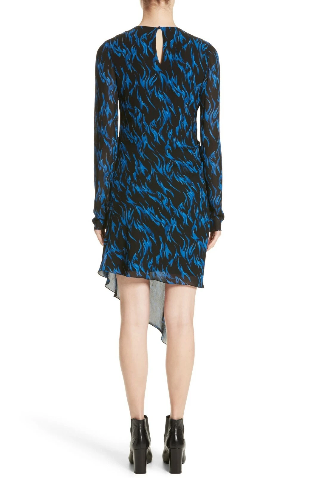 SAINT LAURENT (YSL) Abito asimmetrico in crepe seta SAINT LAURENT blu fiamma nera stampa asimmetrica 12 US 44IT